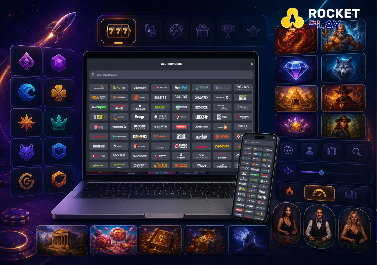 RocketPlay providers displayed as a clean desktop lobby with premium studio-style visuals
