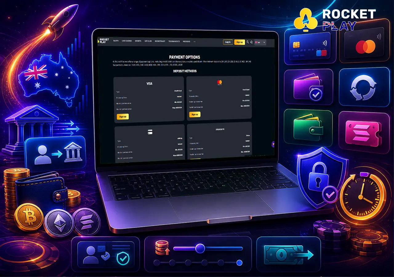 RocketPlay payments scene with AUD banking, crypto options and secure withdrawals