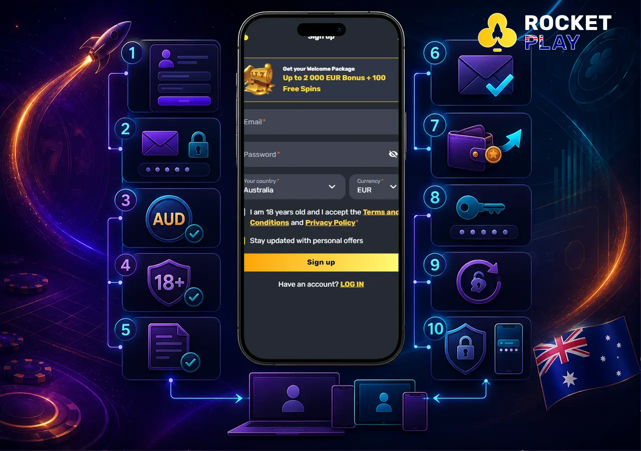 RocketPlay sign-up and login shown as a clear mobile onboarding journey