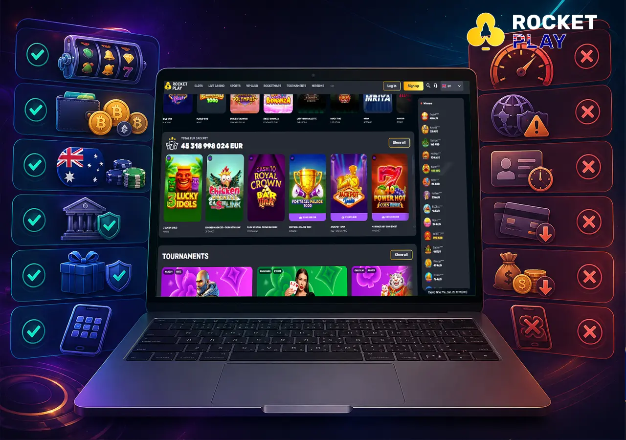 RocketPlay pros and cons shown through game variety, crypto payouts and mobile convenience