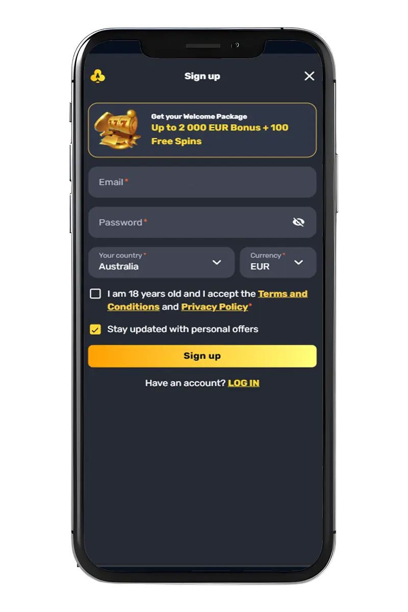Screenshot of the registration screen on the phone