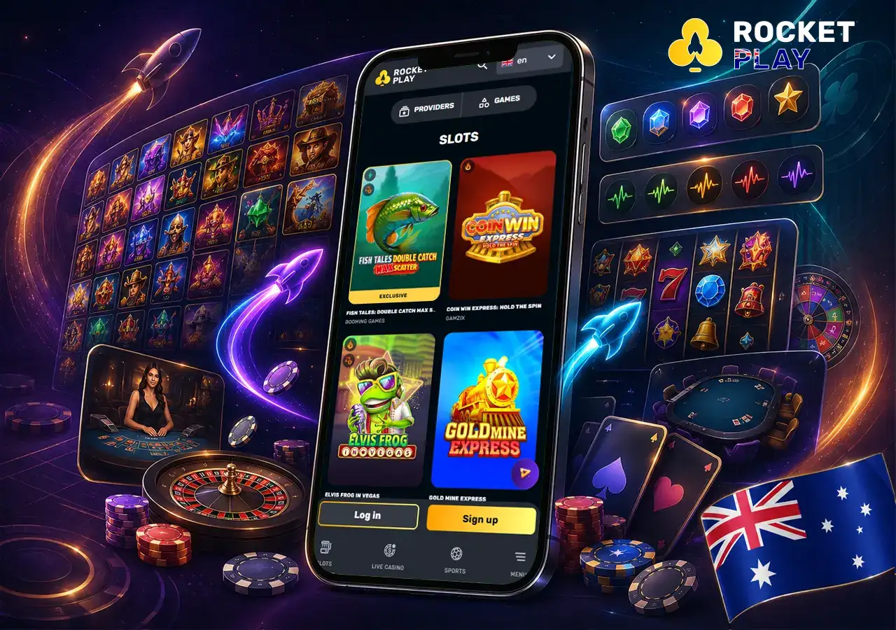 RocketPlay games library shown as a vibrant pokies lobby with jackpots and live casino energy